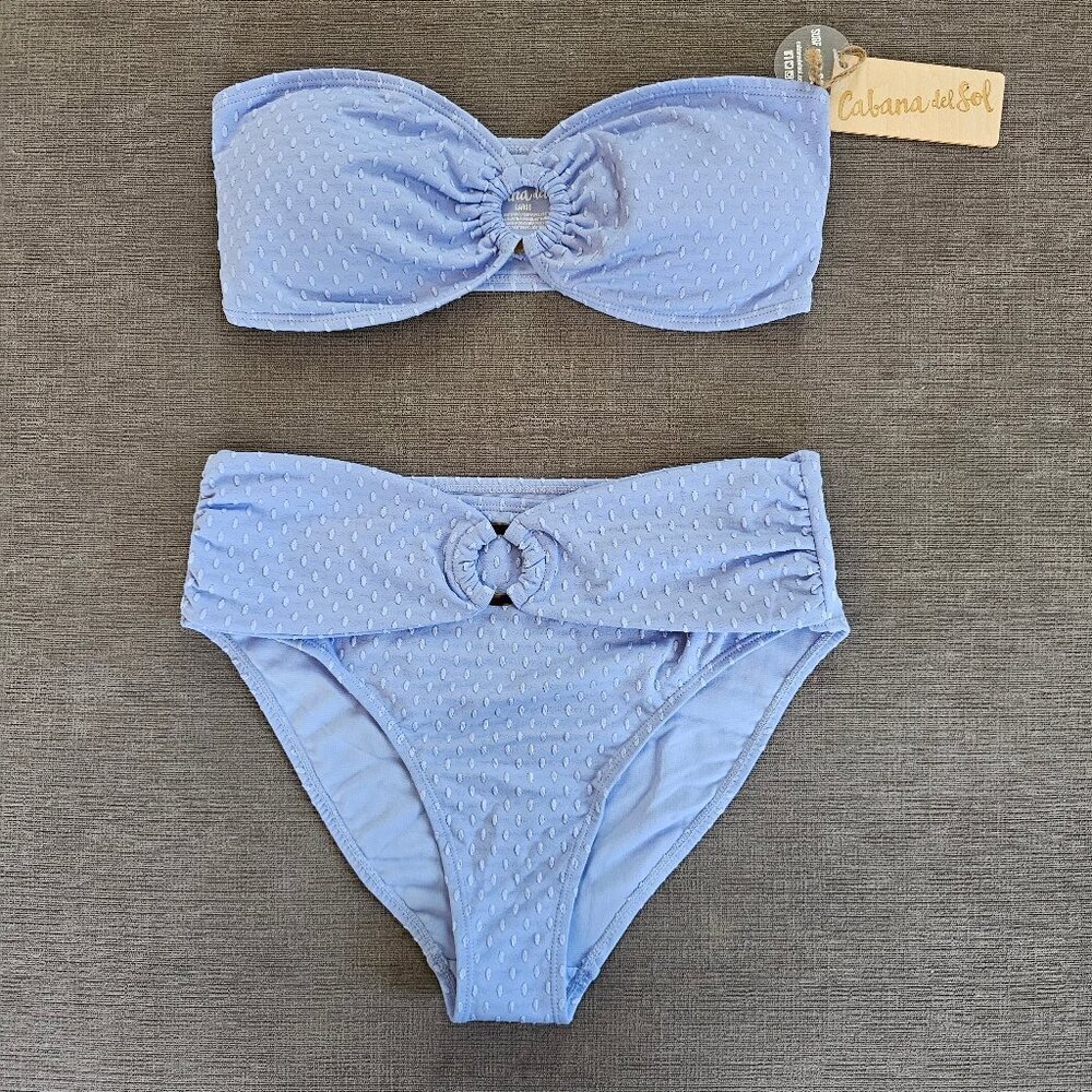 NWT CABANA DEL SOL Women's Light Blue Textured Belted Bikini Set Size Large